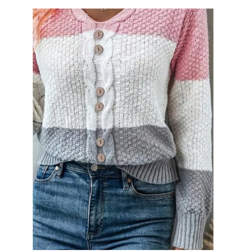 V-neck Long Sleeve Fake Button Colored Pullover Knitwear Top