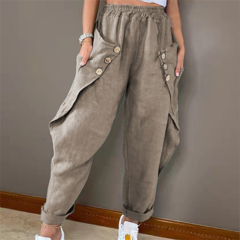 Casual Pocket Button Waist Trimming Casual Trousers