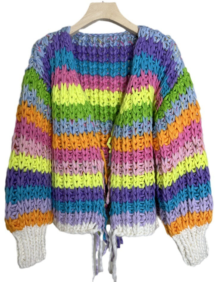 Autumn And Winter New Rainbow Stripes Loose And Lazy Style Women's Knitted Sweater