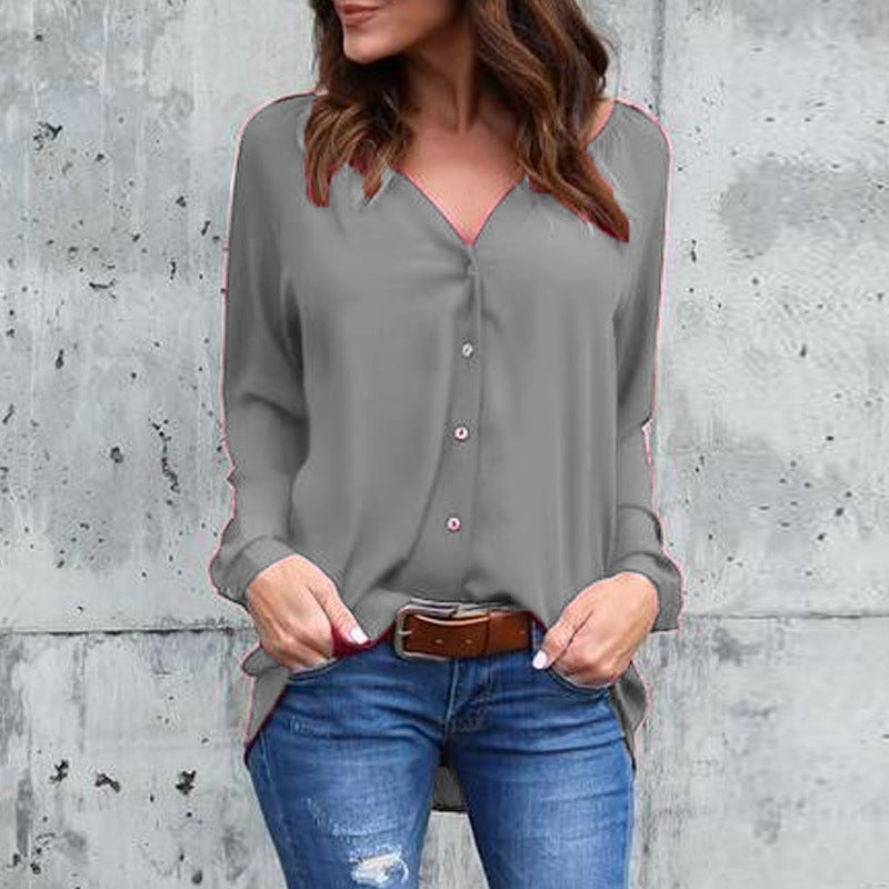 V-neck pleated button chiffon shirt