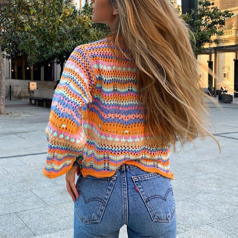 New Style Striped Sweater Women Loose Large Size Rainbow Button Cardigan