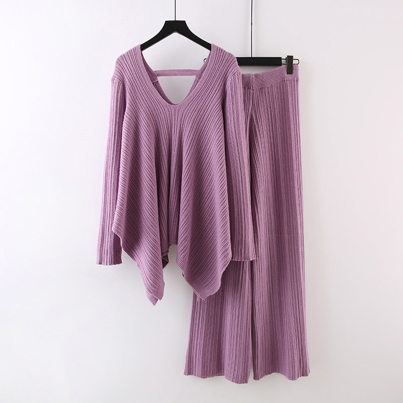 Autumn Fashionable Stylish Pleated Knitted Irregular V-neck Top Wide Leg Pants Sweater Suit