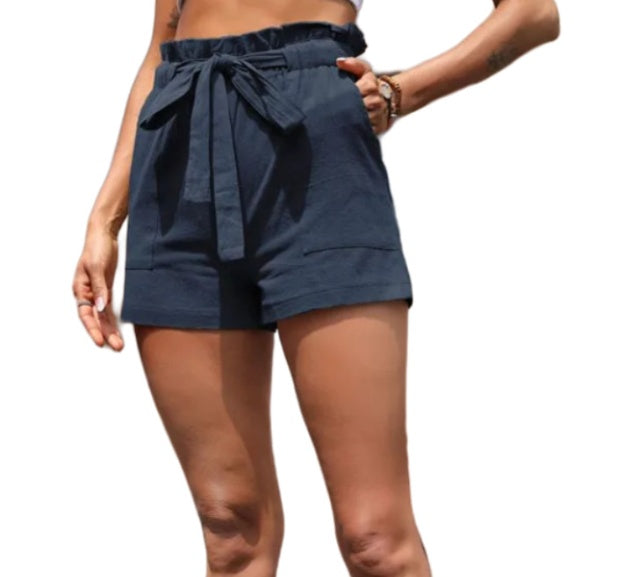 All-matching Pure Color Ruffles High Waist Lace-up Shorts For Women