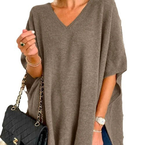 Batwing Sleeve Knitted Outer Solid Color And V-neck Pullover Loose Sweater