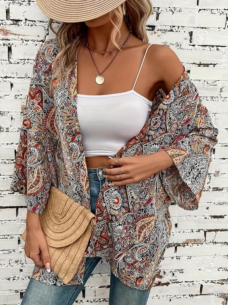 Ethnic Print Round Neck Shirt Bohemian Holiday Long Sleeve Shirt