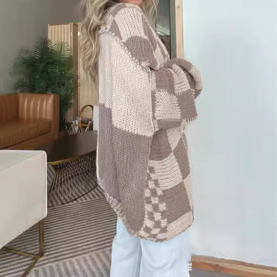 Women's Oversized Drop-shoulder Plaid Cardigan Sweater