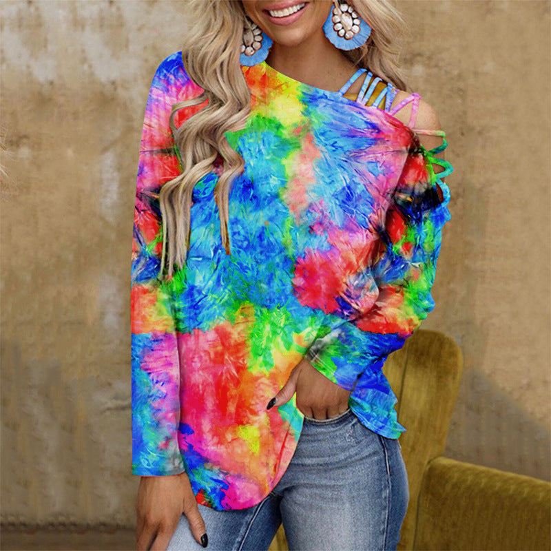 Tie-Dye Printed Long-Sleeved Off-Shoulder Sexy Casual Loose T-Shirt