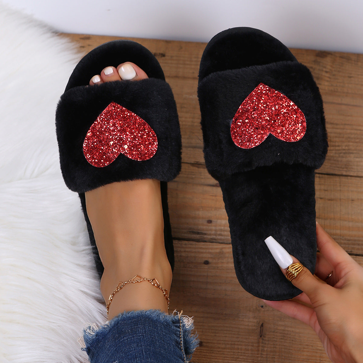 Love Sequin Slippers Winter Indoor Home Shoes Woemen Bedroom Slippers