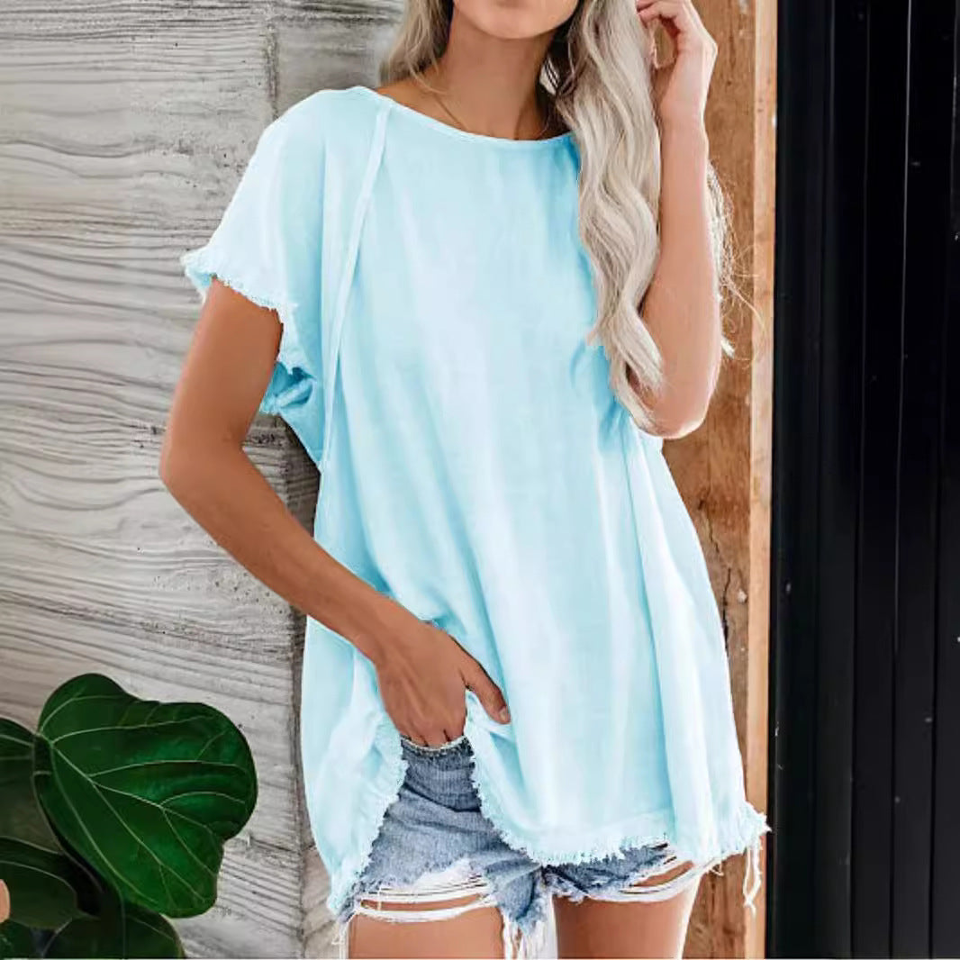 Loose Round Neck Lantern Sleeve Medium Length Short Sleeved Shirt