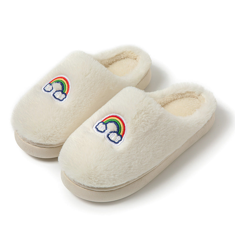 Kawaii Rainbow Embroidered Slippers Warm Slip On Plush Shoes Couple Indoor Home Slippers Winter