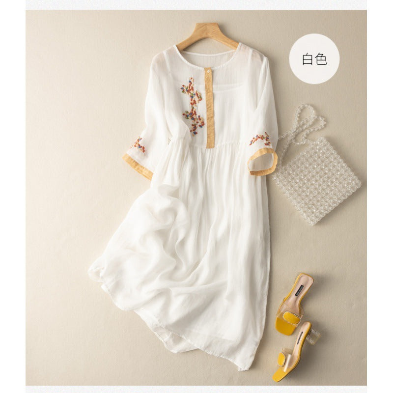 Artistic Ethnic Style Linen Cotton Embroidery Loose Half Sleeve Dress