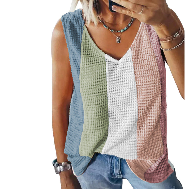 Waffle Contrast Color Top Women's Sleeveless Vest Women