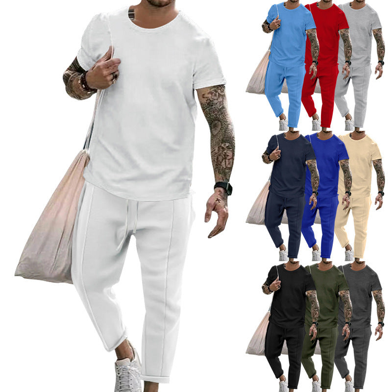 Round Neck Short Sleeve T-shirt Casual Fashion Men's Trousers Suit