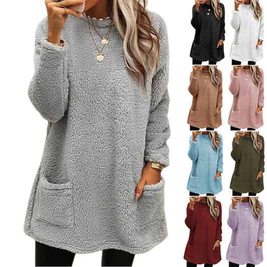 Women's Fleece Pullover Long Sweater With Pockets Winter Warm Casual Long Sleeve Plush Tops