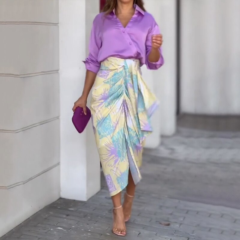 Summer Women's V-neck Loose Shirt Top And Skirt Two-piece Set