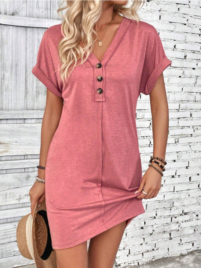 Women's Fashion Buckle V-neck With Shoulder Roll Sleeve Dress