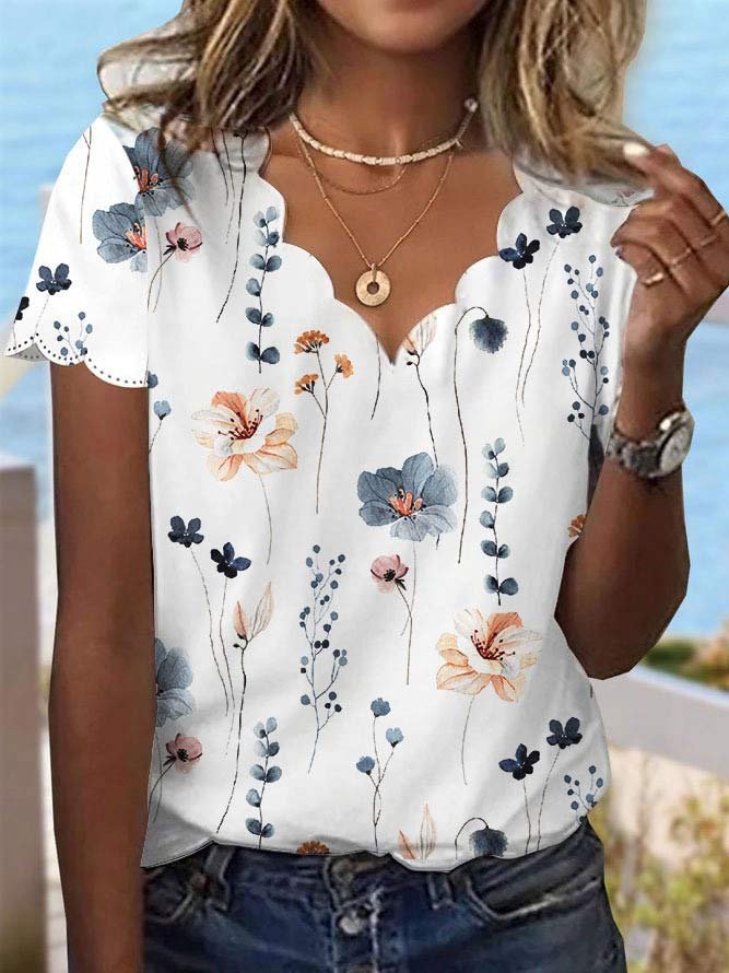 Women's Summer Sexy Shell Collar Floral T-shirt