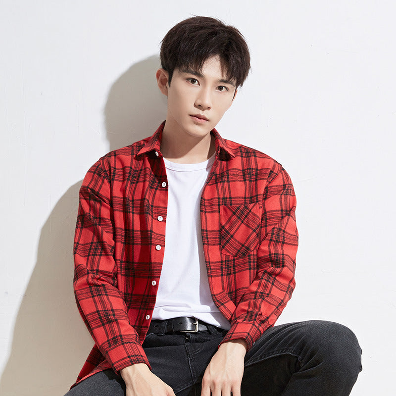 Men Casual Plaid Long Sleeved Shirt