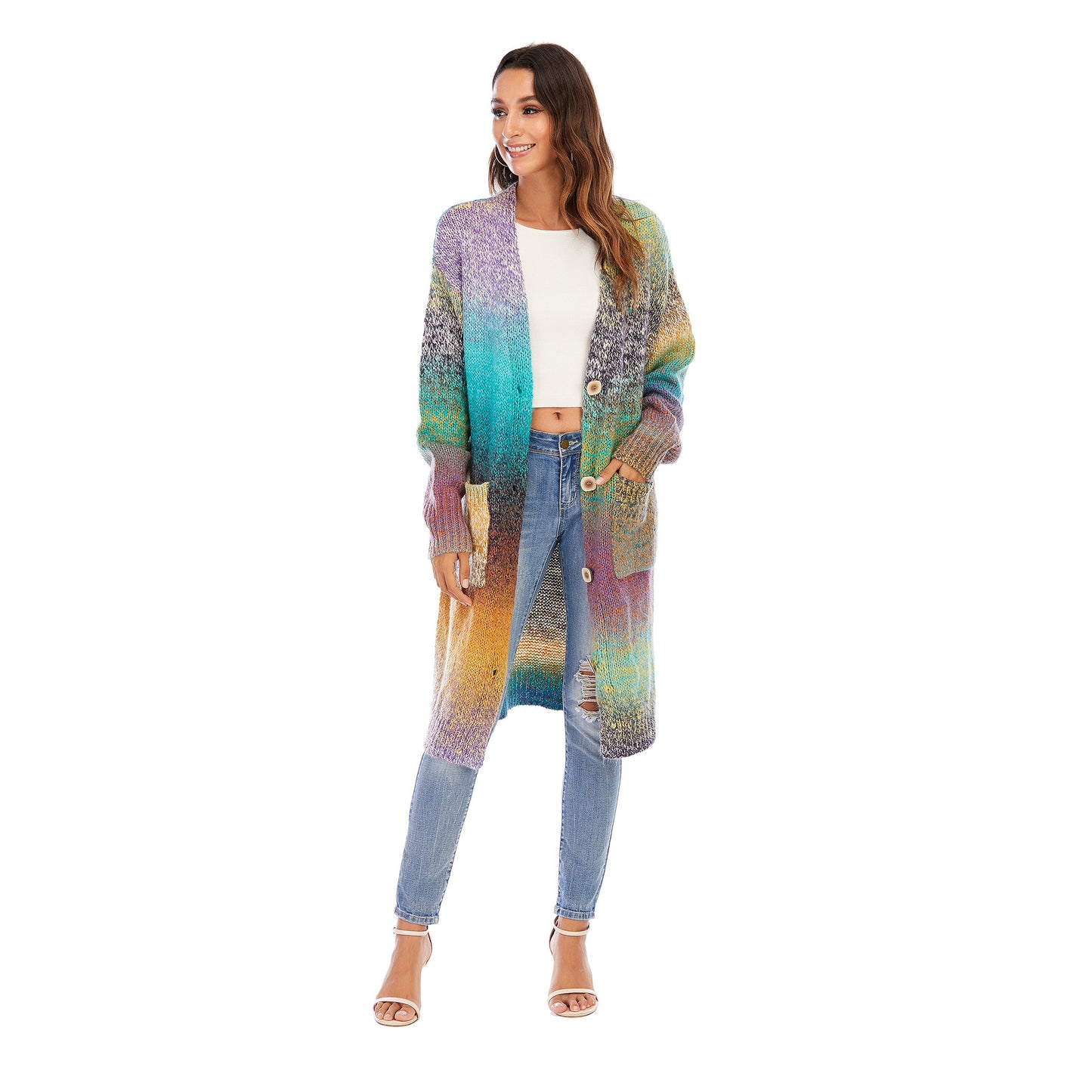 Knitted Sweater Loose Rainbow Long Coat Wool Cardigan