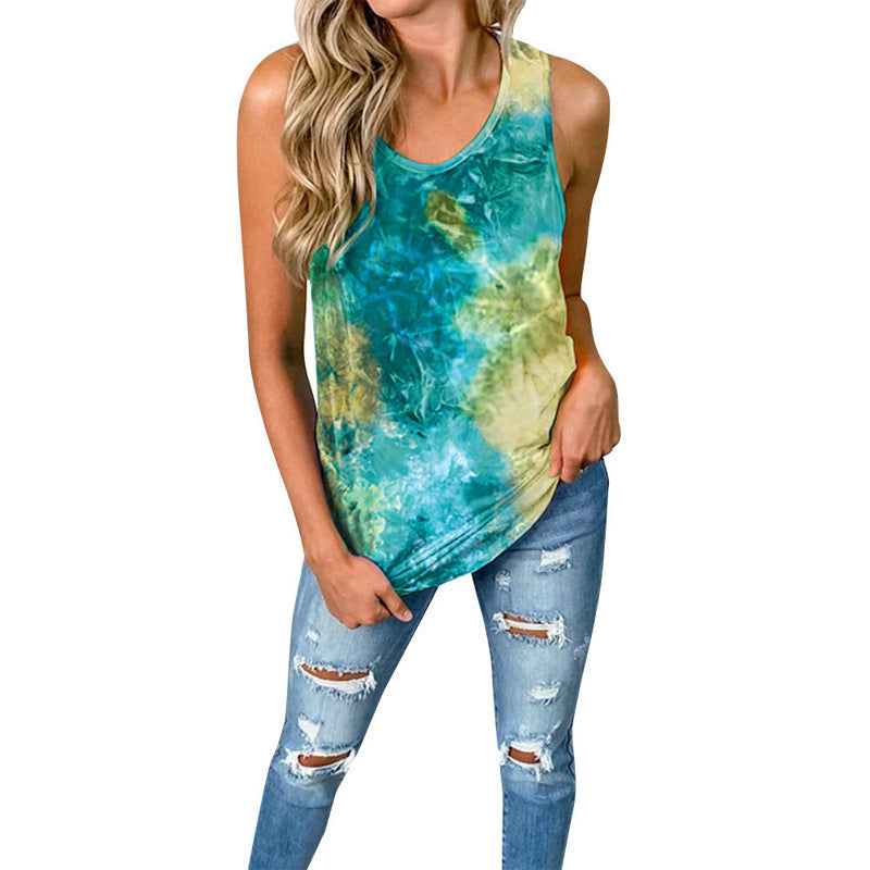 Round Neck Sleeveless Tie-dye Twist-knot Casual Women's Top