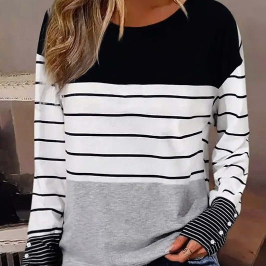 Women's Autumn Single-breasted Cuff T-shirt Casual Round Neck Long Sleeve