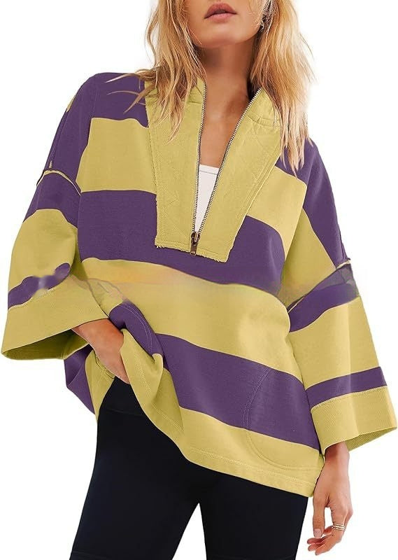 Women's Oversized Striped Shirt Half Zip Sweatshirt Color Matching