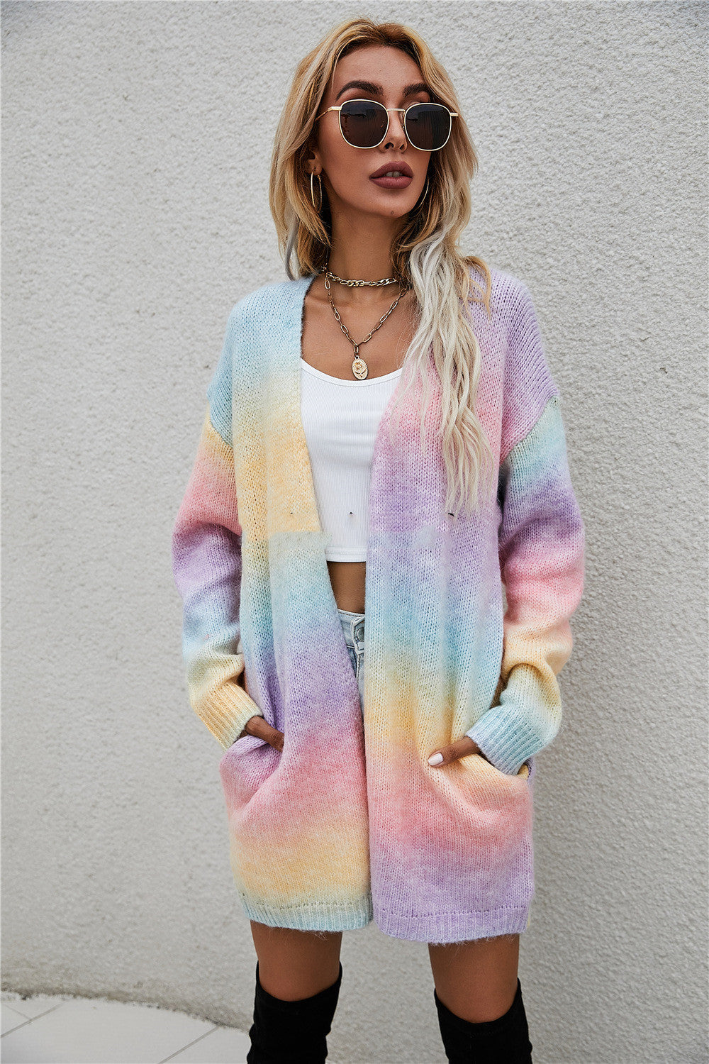 Sweater Rainbow Tie-dye Mid-length Plus Size Cardigan Knitted Jacket