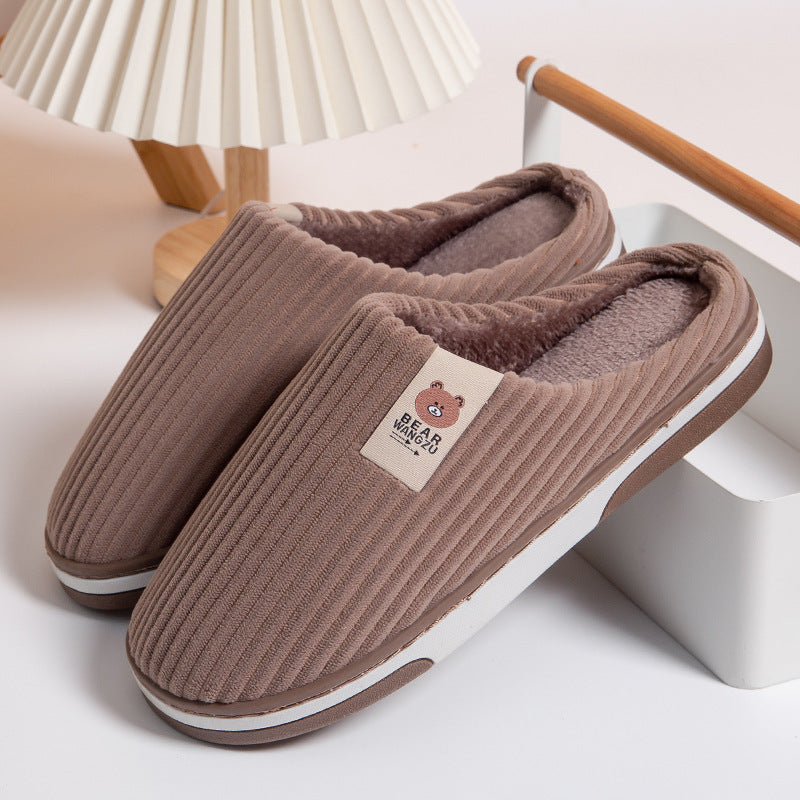 Solid Color Striped Slippers For Women Thick-soled Anti-slip Indoor Warm Plush Home Shoes Couple Women Men Slipper Winter