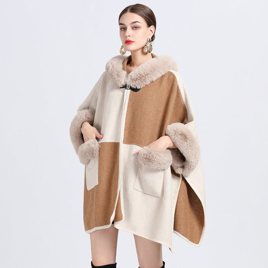 Women's Autumn And Winter New Fur Collar Shawl Cape Coat