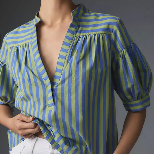 Fashionable All-match Loose Striped Shirt Short Sleeve