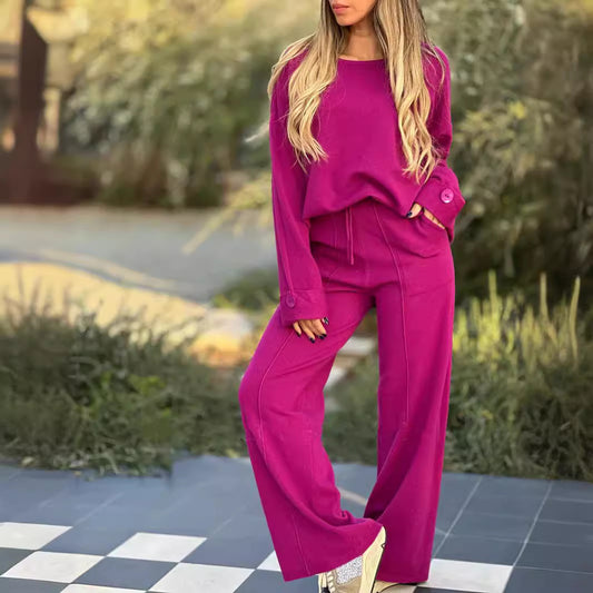 European And American Fashion Casual Set Solid Color Long-sleeve Suit Wide Leg Pants