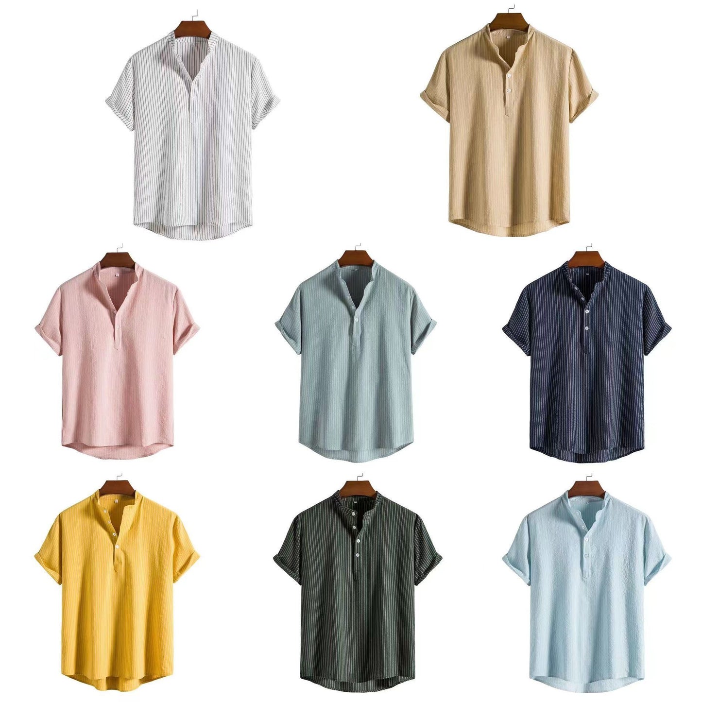 Men's Stand Collar Striped Short Sleeve Shirt