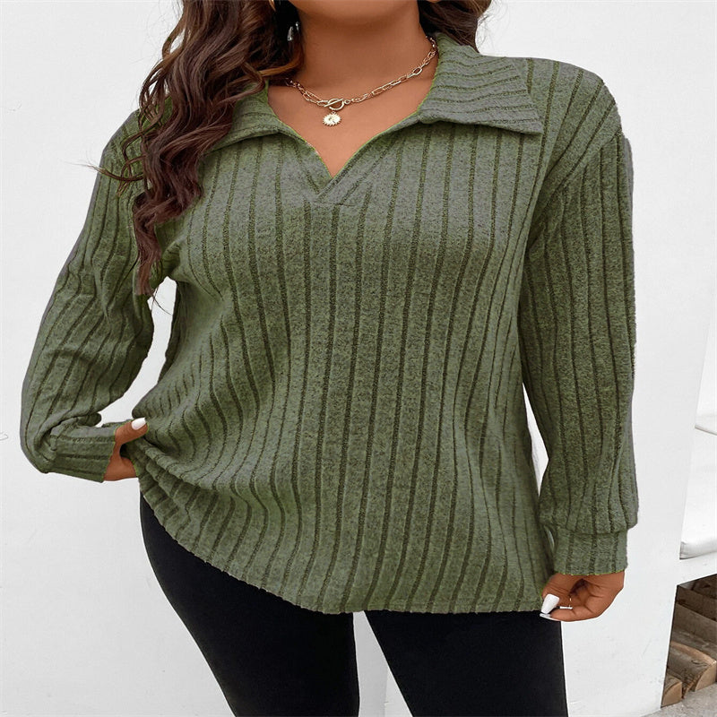 Solid Color Plus Size Women's Clothes Top V-shaped Lapel Long Sleeve Sunken Stripe Brushed T-shirt Loose