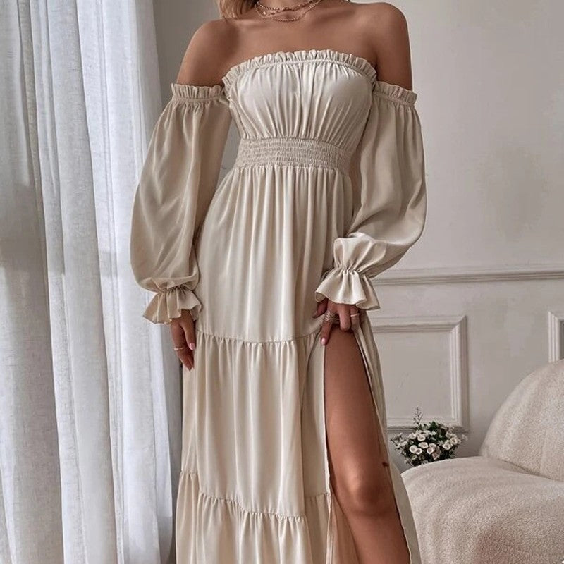 Off-shoulder Ruffled Long Sleeve High Slit Dress