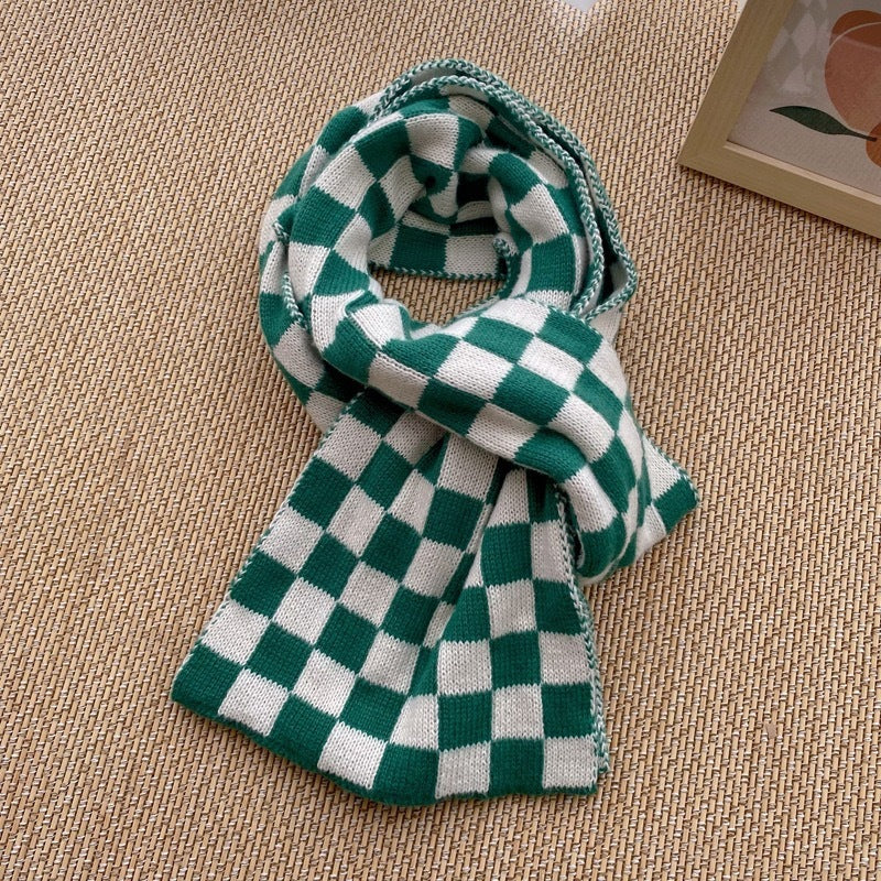 Houndstooth And Wave Pattern Print Scarf Women's Winter Korean Style Fashion Versatile Knitted Double-sided Warm Woolen Scarf