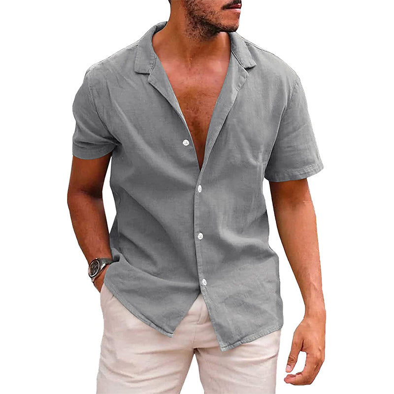 Summer Lapels Solid Color Short Sleeve Men's Cotton And Linen Shirt