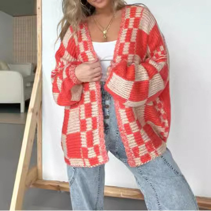 Women's Oversized Drop-shoulder Plaid Cardigan Sweater