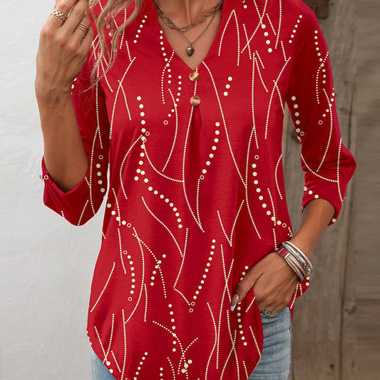 Women's Casual Button Geometric Printed Long-sleeved T-shirt