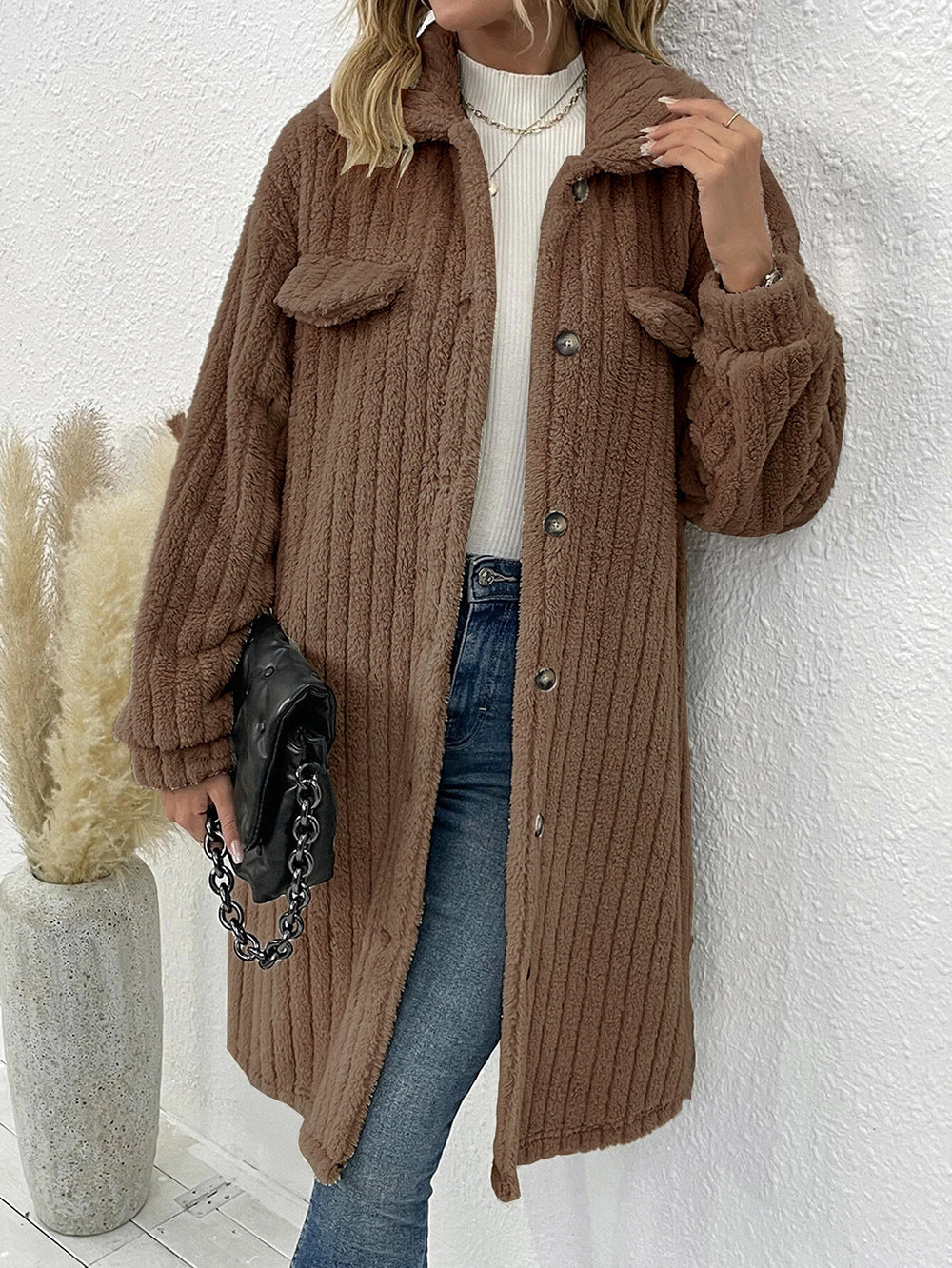 Women's Plush Lapel Long-sleeved Woolen Coat Top