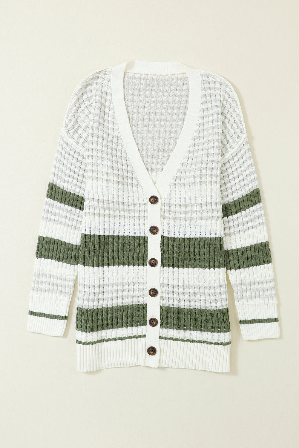 Green Colorblock Textured Knit Buttoned Cardigan