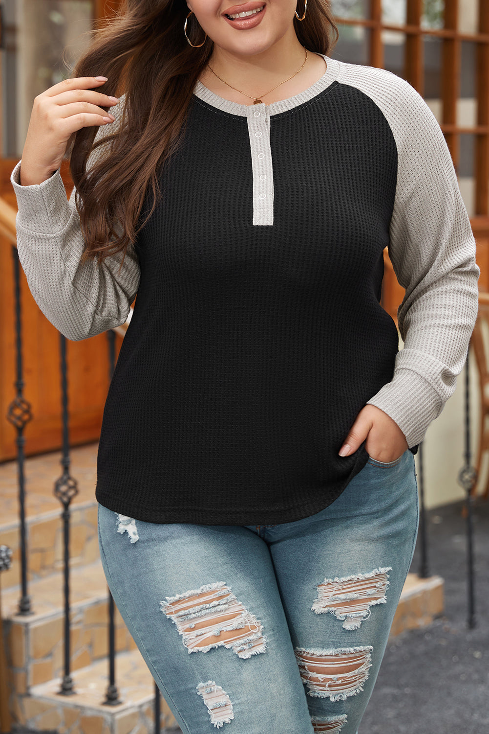 Black Color Contrast Waffle Knit Buttoned Plus Size Top