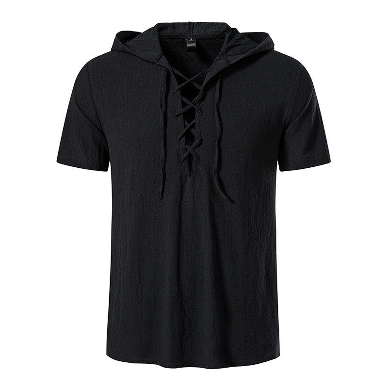 Men's Short Sleeved String tie up Shirt Cotton