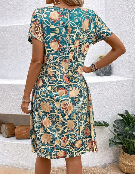 Round Neck Plant Flower Print Loose Casual Dress