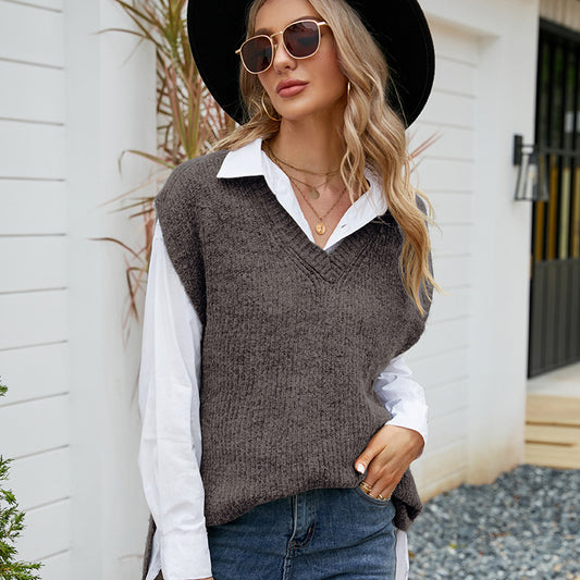 Casual Tank Top Mid Length Sleeveless V-Neck Knit Loose Sweater