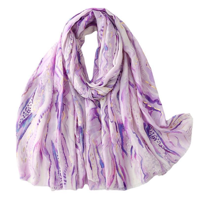 Cotton And Linen Feel Scarf Bronzing Flowing Landscape Scarf