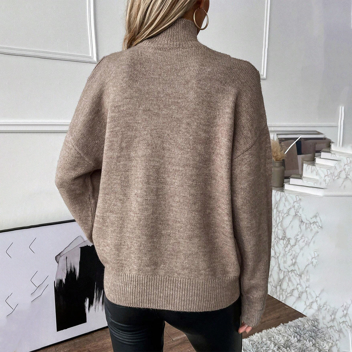 Off-the-shoulder Half Turtleneck Solid Color Thread Temperament Leisure Sweater