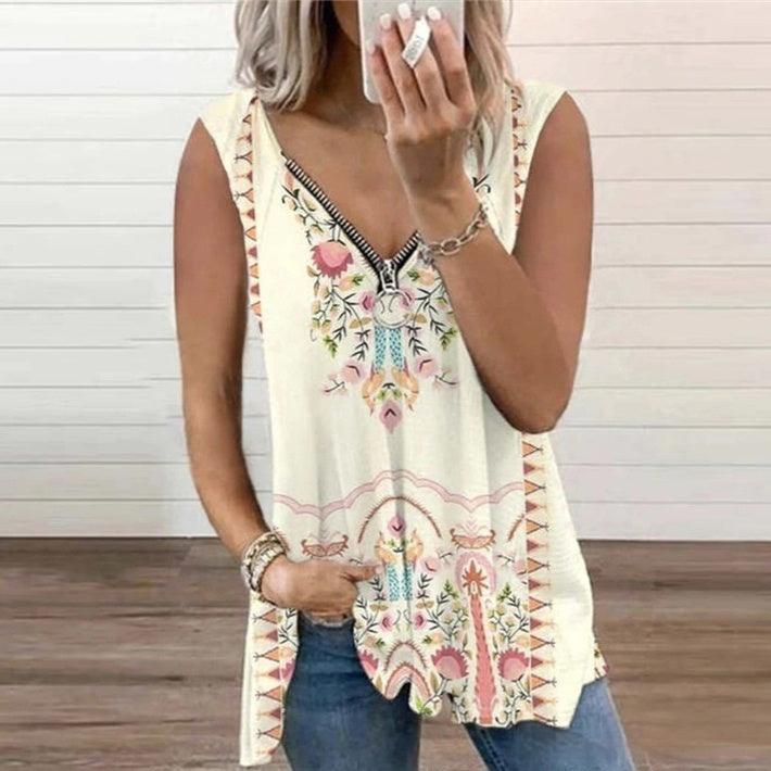 V-neck Zipper Printed Top