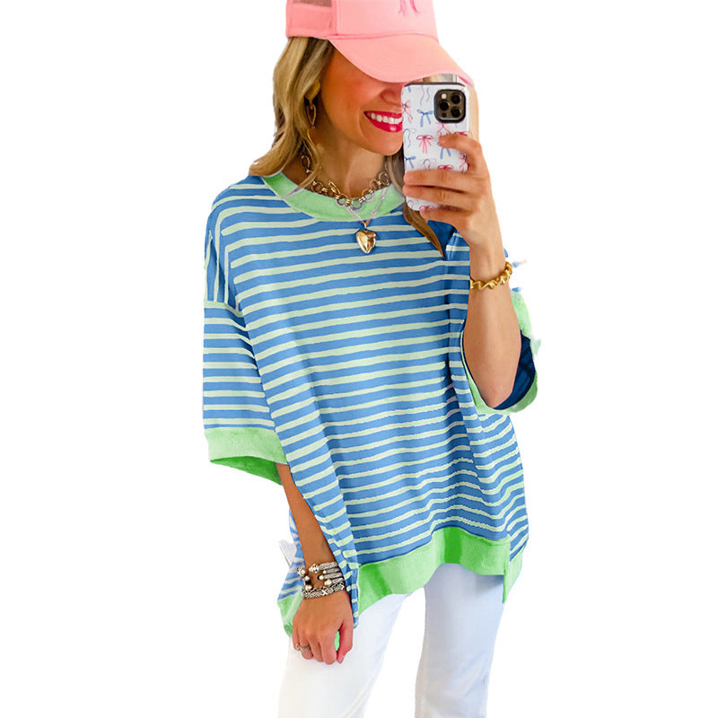 Women's Striped Color Matching Short-sleeved T-shirt