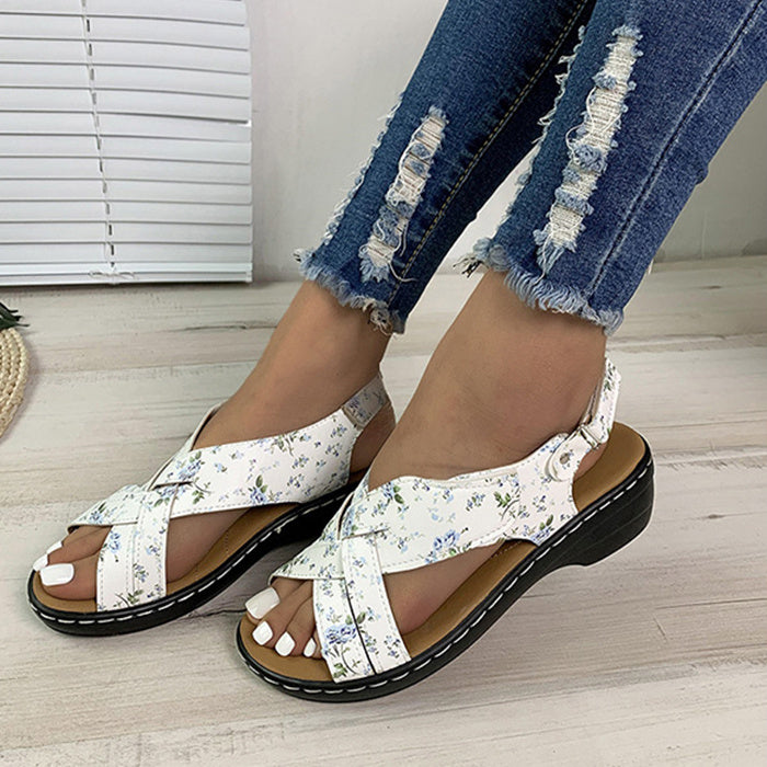 Ethnic Style Flower Frint Sandals Women Low Heel Velcro Beach Shoes Summer