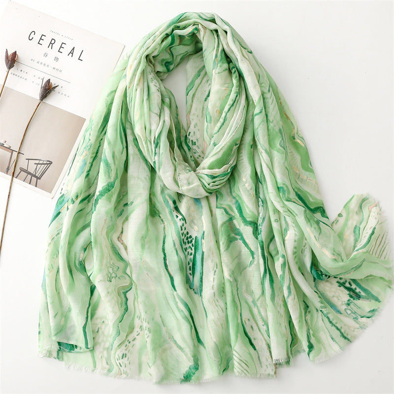 Cotton And Linen Feel Scarf Bronzing Flowing Landscape Scarf